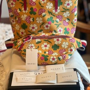 Gucci Kids RARE Multicolor Mushroom Print Canvas Belt Bag and Mushroom Tote Bag